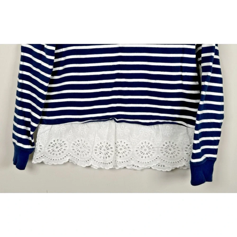 Crown & Ivy Striped Knit Sweater Eyelet Lace Hem‎ Peplum Navy White Nautical PM